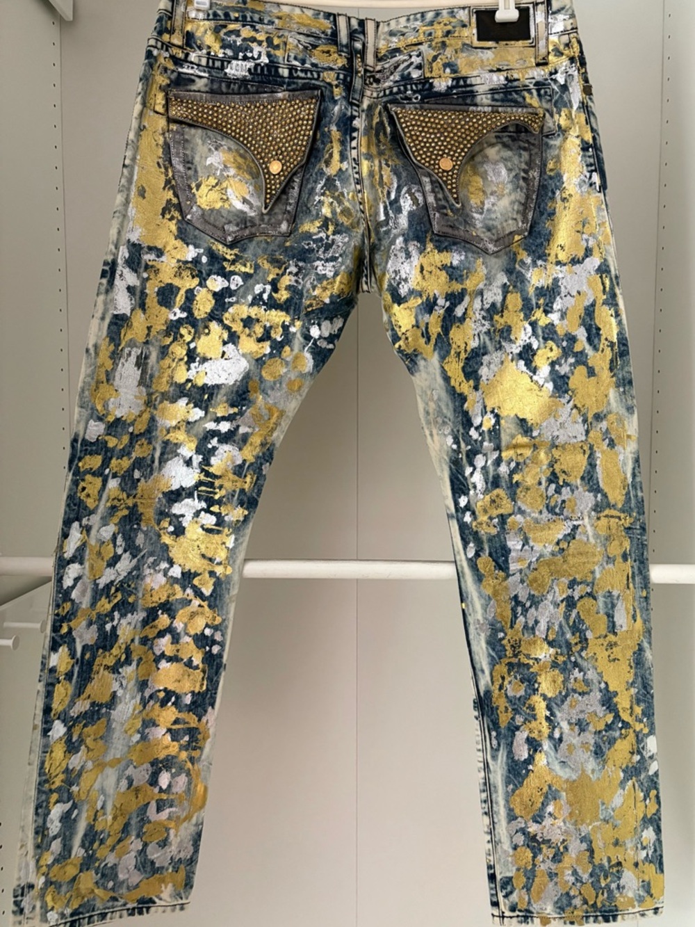Robin’s Jeans Men’s Gold Foil Splatter Studded Crystal Denim Size 40 X 34